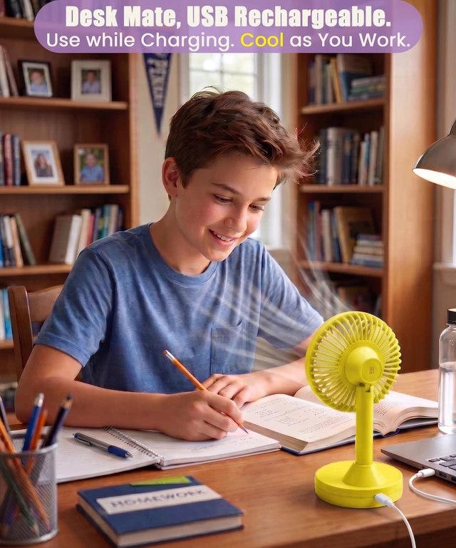 Alt view image 4 of 7 - DYEWEAVE Cute Small Rechargeable 90° Oscillating Desk Fan, 25dB Ultra-Quiet | 4.5H Battery Desktop Fan for Office, Home&Camping, 4 Speeds&Natural, 60° Tilting Head Table Air Circulator Fan (Yellow)