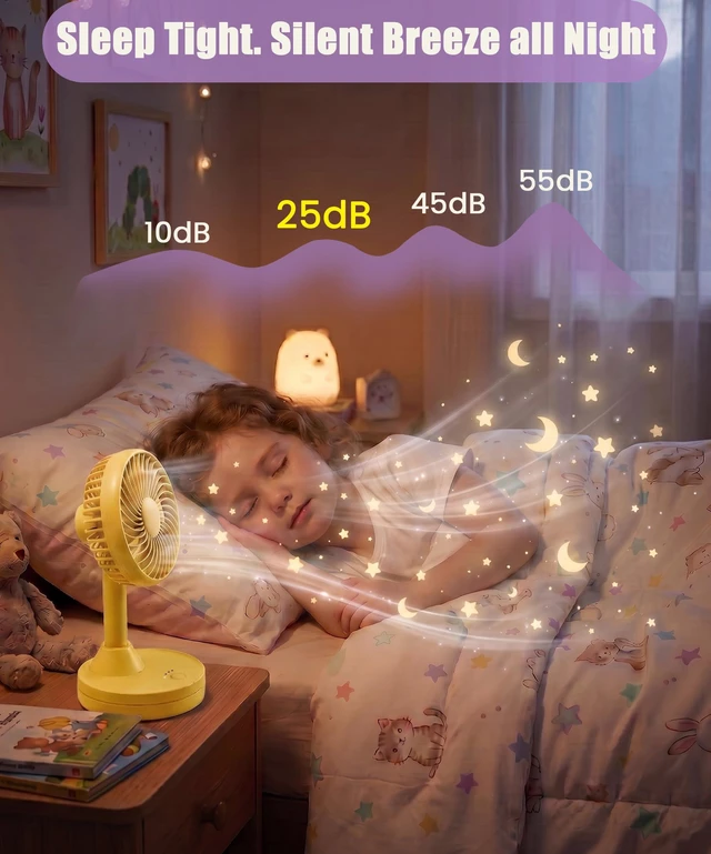 Alt view image 5 of 7 - DYEWEAVE Cute Small Rechargeable 90° Oscillating Desk Fan, 25dB Ultra-Quiet | 4.5H Battery Desktop Fan for Office, Home&Camping, 4 Speeds&Natural, 60° Tilting Head Table Air Circulator Fan (Yellow)