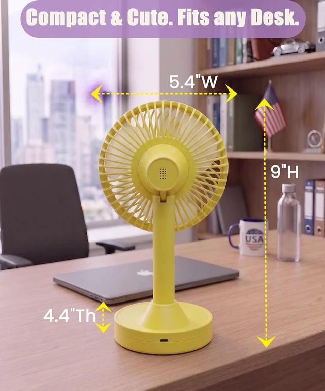 Alt view image 7 of 7 - DYEWEAVE Cute Small Rechargeable 90° Oscillating Desk Fan, 25dB Ultra-Quiet | 4.5H Battery Desktop Fan for Office, Home&Camping, 4 Speeds&Natural, 60° Tilting Head Table Air Circulator Fan (Yellow)