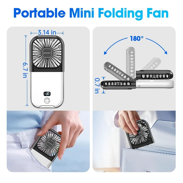 Alt view image 4 of 6 - ZEXALIGHT USB Rechargeable Upgraded 5-in-1 Portable Handheld Fan, Necklace Fan, Desk Fan, Foldable Phone Stand, 4 Speeds Airflow, Quiet Personal Fans with LED Digital Screen (Black)