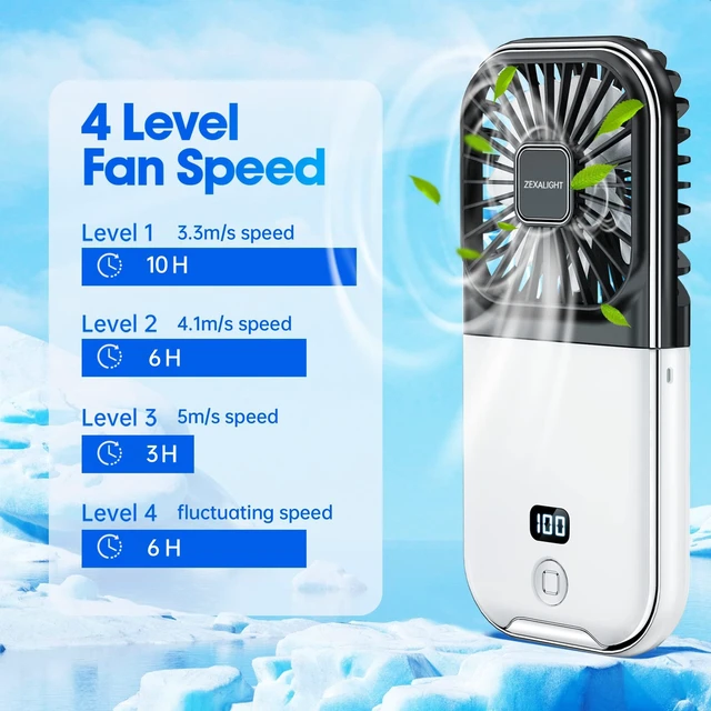Alt view image 3 of 6 - ZEXALIGHT USB Rechargeable Upgraded 5-in-1 Portable Handheld Fan, Necklace Fan, Desk Fan, Foldable Phone Stand, 4 Speeds Airflow, Quiet Personal Fans with LED Digital Screen (Black)