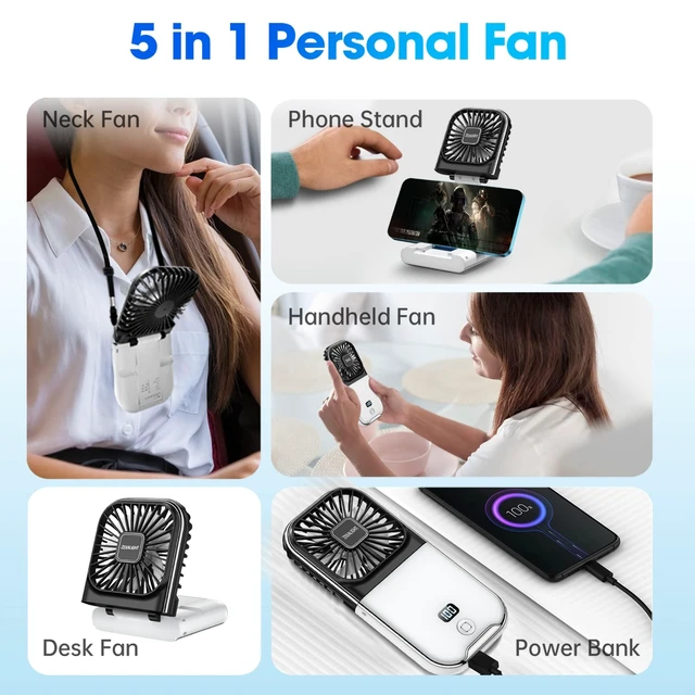 Alt view image 2 of 6 - ZEXALIGHT USB Rechargeable Upgraded 5-in-1 Portable Handheld Fan, Necklace Fan, Desk Fan, Foldable Phone Stand, 4 Speeds Airflow, Quiet Personal Fans with LED Digital Screen (Black)