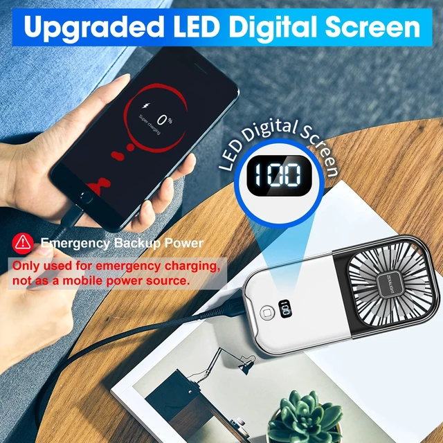 Alt view image 5 of 6 - ZEXALIGHT USB Rechargeable Upgraded 5-in-1 Portable Handheld Fan, Necklace Fan, Desk Fan, Foldable Phone Stand, 4 Speeds Airflow, Quiet Personal Fans with LED Digital Screen (Black)