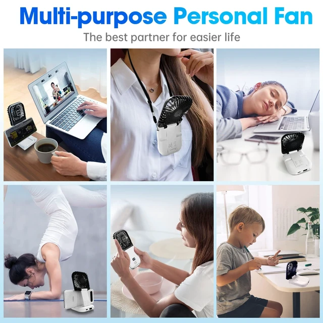 Alt view image 6 of 6 - ZEXALIGHT USB Rechargeable Upgraded 5-in-1 Portable Handheld Fan, Necklace Fan, Desk Fan, Foldable Phone Stand, 4 Speeds Airflow, Quiet Personal Fans with LED Digital Screen (Black)