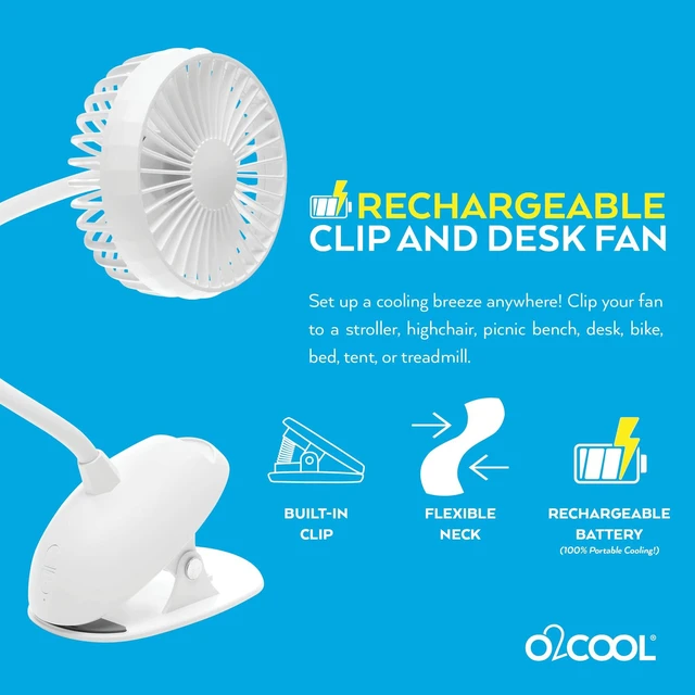 Alt view image 4 of 7 - O2COOL Rechargeable USB Battery Clip Fan with Gooseneck 3-Speed