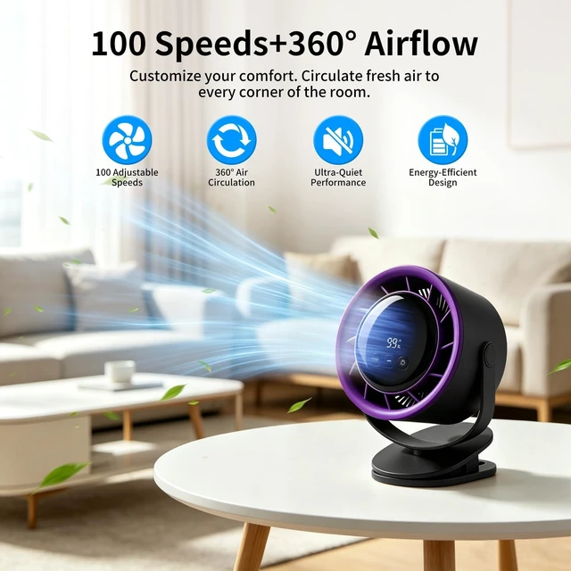 Alt view image 2 of 7 - Lpibol Clip on Fan, Desk FanRechargeable USB Fan with LED Display & Night Light, 100 Speeds, Ultra Quiet Small Fan for for Bedroom Home Office Dorm(Black)