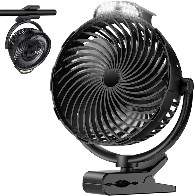 Main image of Gentsvip 8-Inch Rechargeable Clip on Fan, 10000mAh Portable Camping Fan with LED Light, 9-Speed Ultra Quiet Airflow, 30H Runtime, 360° Rotating Desk Fan for Golf Cart, Bedroom, Office, Dorm, Black