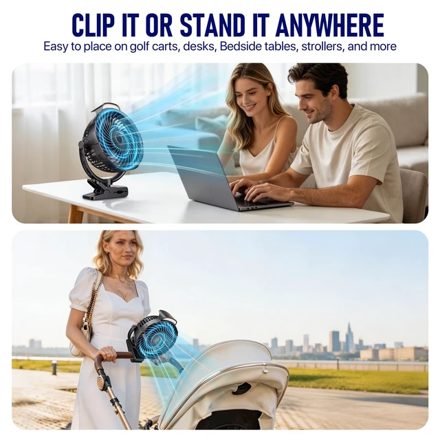 Alt view image 5 of 7 - Gentsvip 8-Inch Rechargeable Clip on Fan, 10000mAh Portable Camping Fan with LED Light, 9-Speed Ultra Quiet Airflow, 30H Runtime, 360° Rotating Desk Fan for Golf Cart, Bedroom, Office, Dorm, Black