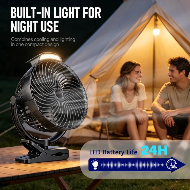 Alt view image 7 of 7 - Gentsvip 8-Inch Rechargeable Clip on Fan, 10000mAh Portable Camping Fan with LED Light, 9-Speed Ultra Quiet Airflow, 30H Runtime, 360° Rotating Desk Fan for Golf Cart, Bedroom, Office, Dorm, Black