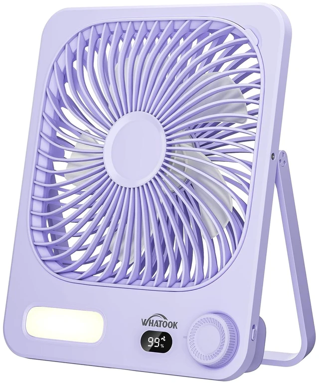 Main image of WHATOOK 10000mAh Battery Powered Fan Up to 40H Runtime, Ultra-Slim 8-Inch Portable Travel Fan with LED Lantern, Ultra Quiet Rechargeable Desk Fan for Bedroom, Office, Outdoor, Camping, Cruise (Purple)