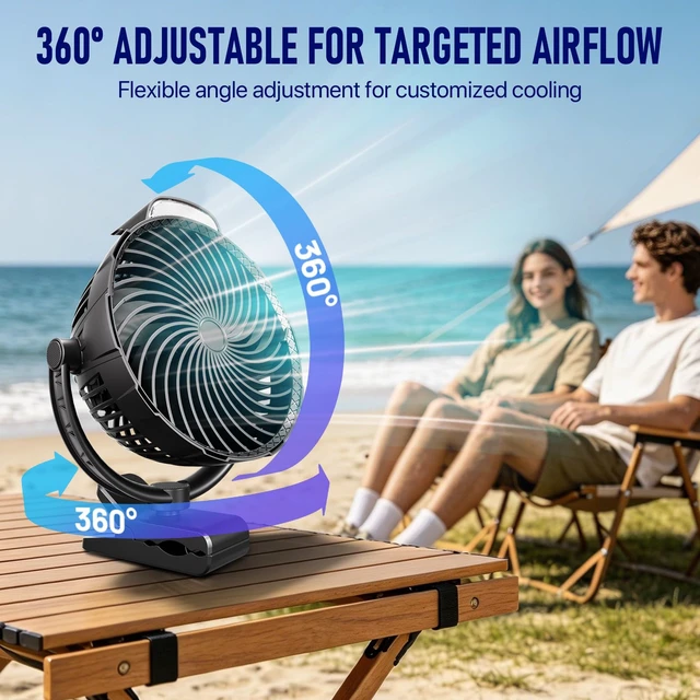 Alt view image 6 of 7 - Gentsvip 8-Inch Rechargeable Clip on Fan, 10000mAh Portable Camping Fan with LED Light, 9-Speed Ultra Quiet Airflow, 30H Runtime, 360° Rotating Desk Fan for Golf Cart, Bedroom, Office, Dorm, Black