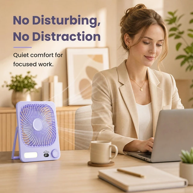 Alt view image 3 of 7 - WHATOOK 10000mAh Battery Powered Fan Up to 40H Runtime, Ultra-Slim 8-Inch Portable Travel Fan with LED Lantern, Ultra Quiet Rechargeable Desk Fan for Bedroom, Office, Outdoor, Camping, Cruise (Purple)