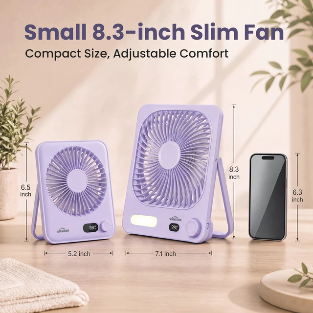 Alt view image 4 of 7 - WHATOOK 10000mAh Battery Powered Fan Up to 40H Runtime, Ultra-Slim 8-Inch Portable Travel Fan with LED Lantern, Ultra Quiet Rechargeable Desk Fan for Bedroom, Office, Outdoor, Camping, Cruise (Purple)