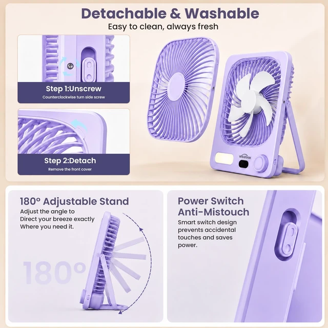 Alt view image 5 of 7 - WHATOOK 10000mAh Battery Powered Fan Up to 40H Runtime, Ultra-Slim 8-Inch Portable Travel Fan with LED Lantern, Ultra Quiet Rechargeable Desk Fan for Bedroom, Office, Outdoor, Camping, Cruise (Purple)
