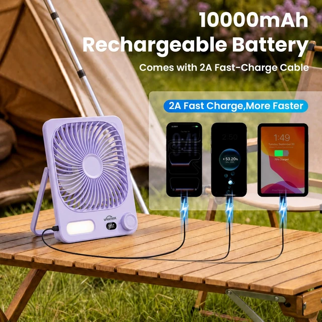 Alt view image 6 of 7 - WHATOOK 10000mAh Battery Powered Fan Up to 40H Runtime, Ultra-Slim 8-Inch Portable Travel Fan with LED Lantern, Ultra Quiet Rechargeable Desk Fan for Bedroom, Office, Outdoor, Camping, Cruise (Purple)