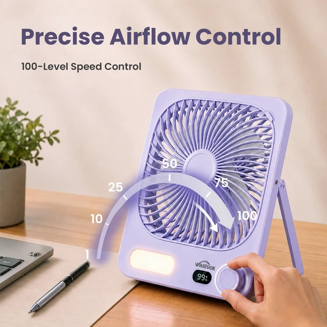 Alt view image 7 of 7 - WHATOOK 10000mAh Battery Powered Fan Up to 40H Runtime, Ultra-Slim 8-Inch Portable Travel Fan with LED Lantern, Ultra Quiet Rechargeable Desk Fan for Bedroom, Office, Outdoor, Camping, Cruise (Purple)