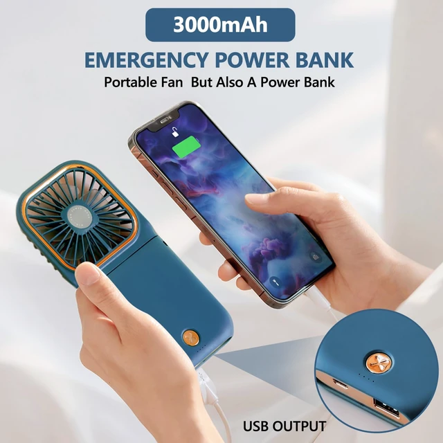 Alt view image 3 of 6 - Portable Handheld Fan with Phone Holder, 3000mAh Power Supply Rechargeable Neck Fan with USB Output, Foldable Small Fan 0-180° Adjustable, Ultra Quiet Personal Cooling Fan for Travel Office Home