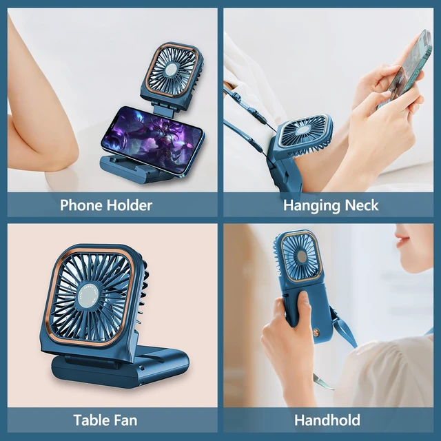 Alt view image 4 of 6 - Portable Handheld Fan with Phone Holder, 3000mAh Power Supply Rechargeable Neck Fan with USB Output, Foldable Small Fan 0-180° Adjustable, Ultra Quiet Personal Cooling Fan for Travel Office Home
