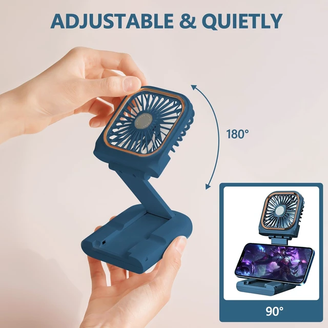 Alt view image 6 of 6 - Portable Handheld Fan with Phone Holder, 3000mAh Power Supply Rechargeable Neck Fan with USB Output, Foldable Small Fan 0-180° Adjustable, Ultra Quiet Personal Cooling Fan for Travel Office Home
