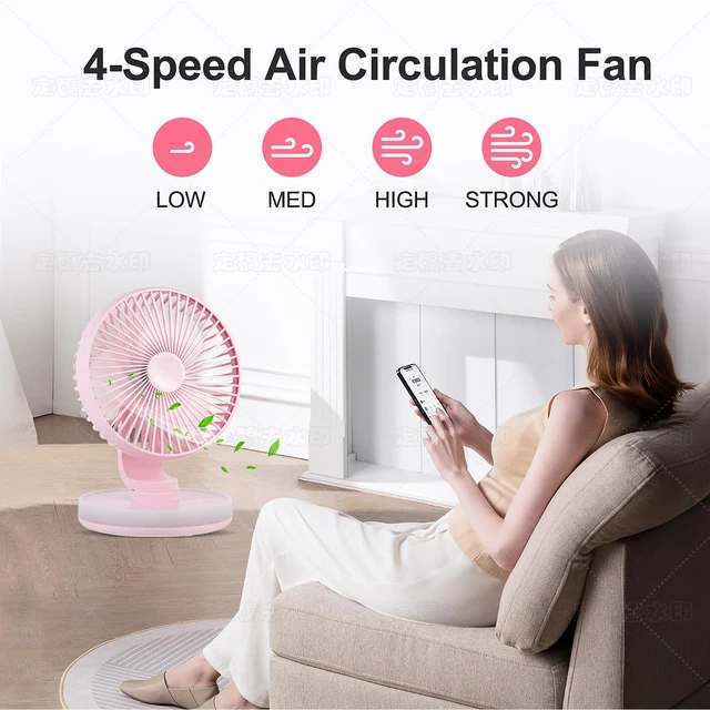 Alt view image 3 of 7 - MAWFOZIN Small Desk Fan With Night Light, Auto Oscillating Table Fan With 3000mAh Rechargeable Battery, USB Personal Fan With 4 Speeds Wind, Adjustable Fan For Home, Office Bedroom, Camping (pink)