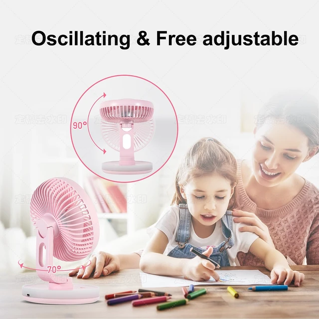 Alt view image 4 of 7 - MAWFOZIN Small Desk Fan With Night Light, Auto Oscillating Table Fan With 3000mAh Rechargeable Battery, USB Personal Fan With 4 Speeds Wind, Adjustable Fan For Home, Office Bedroom, Camping (pink)