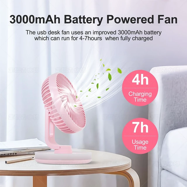 Alt view image 7 of 7 - MAWFOZIN Small Desk Fan With Night Light, Auto Oscillating Table Fan With 3000mAh Rechargeable Battery, USB Personal Fan With 4 Speeds Wind, Adjustable Fan For Home, Office Bedroom, Camping (pink)