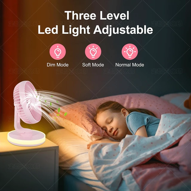 Alt view image 5 of 7 - MAWFOZIN Small Desk Fan With Night Light, Auto Oscillating Table Fan With 3000mAh Rechargeable Battery, USB Personal Fan With 4 Speeds Wind, Adjustable Fan For Home, Office Bedroom, Camping (pink)