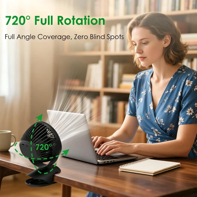 Alt view image 3 of 7 - Minthouz Clip on Fan, 8000mAh, 4-Speed, Portable Desk Fan with Cord | 720° Rotation, Quiet Rechargeable Personal Fan for Office, Treadmill, Stroller, Camping
