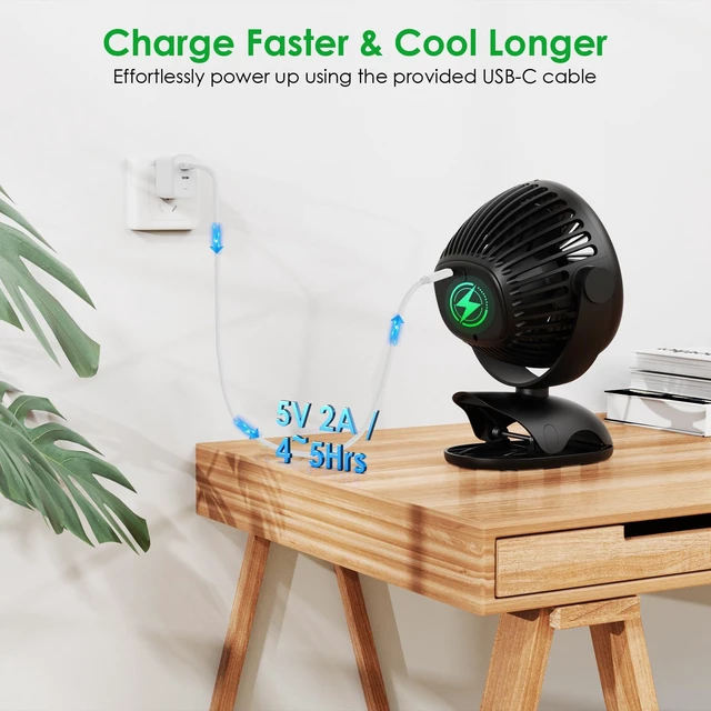 Alt view image 7 of 7 - Minthouz Clip on Fan, 8000mAh, 4-Speed, Portable Desk Fan with Cord | 720° Rotation, Quiet Rechargeable Personal Fan for Office, Treadmill, Stroller, Camping