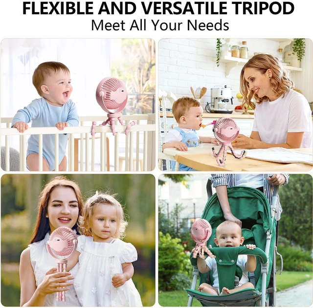 Alt view image 2 of 6 - snawowo Mini Handheld Personal Portable Fan, Baby Stroller Fan Pink | Car Seat USB or Battery Powered, with Flexible Tripod Clip on Student Bed Desk Bike Crib Treadmill Camping Traveling