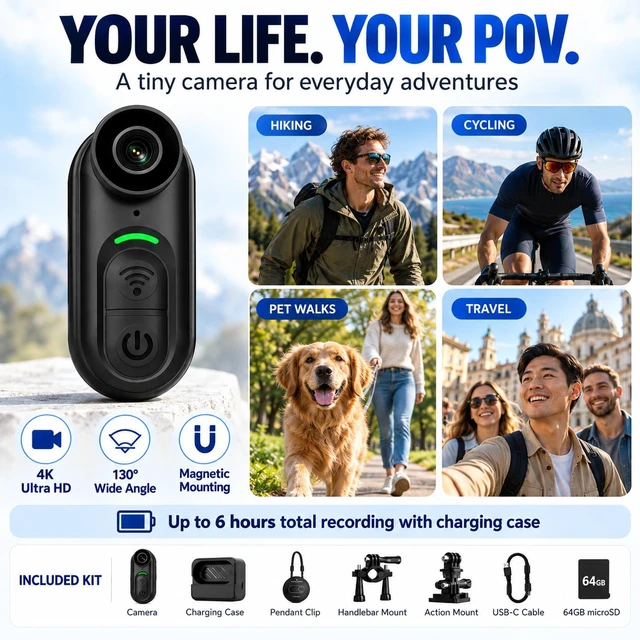 Alt view image 3 of 4 - TJZKLUX 4K Mini Body Camera, Hands-Free Wearable POV with Audio & Video, 64GB MicroSD Card, Magnetic Mount, Charging Case, Portable for Cycling, Travel, Pet Walks & Vlogging, Black