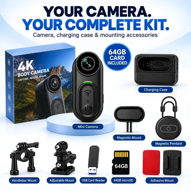 Alt view image 4 of 4 - TJZKLUX 4K Mini Body Camera, Hands-Free Wearable POV with Audio & Video, 64GB MicroSD Card, Magnetic Mount, Charging Case, Portable for Cycling, Travel, Pet Walks & Vlogging, Black