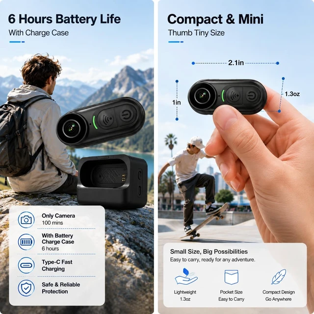 Alt view image 2 of 5 - TJZKLUX 4K Mini Body Camera, Thumb-Sized Wearable POV with Magnetic Mount, Audio & Video Recording, 64GB Support, Hands-Free Portable for Work, Travel, Cycling, Pet Walks & Vlogging