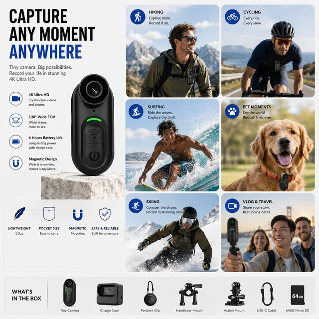 Alt view image 3 of 5 - TJZKLUX 4K Mini Body Camera, Thumb-Sized Wearable POV with Magnetic Mount, Audio & Video Recording, 64GB Support, Hands-Free Portable for Work, Travel, Cycling, Pet Walks & Vlogging