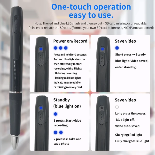 Alt view image 7 of 7 - SRVR Premium Body Camera Pen 1080P HD Pen Camera with 32GB SD Card, Black | Local Storage, One-Button Operation, Mini Camera for Meeting Lecture Classroom Office Home (Matte Black)