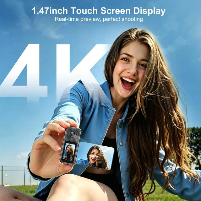 Alt view image 2 of 7 - 4K Mini Body Camera with Audio and Video Recording, 64GB Wearable POV Action Cam with 1.47" Screen, 180° Rotating Lens, Magnetic & Clip Mount, Thumb-Size Sports Camera for Outdoor, Travel, Pets