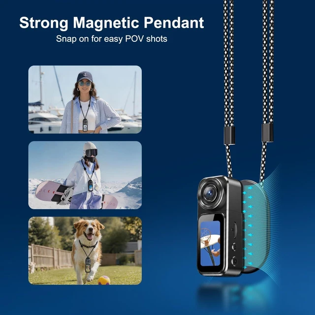 Alt view image 5 of 7 - 4K Mini Body Camera with Audio and Video Recording, 64GB Wearable POV Action Cam with 1.47" Screen, 180° Rotating Lens, Magnetic & Clip Mount, Thumb-Size Sports Camera for Outdoor, Travel, Pets