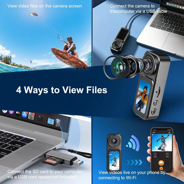 Alt view image 6 of 7 - 4K Mini Body Camera with Audio and Video Recording, 64GB Wearable POV Action Cam with 1.47" Screen, 180° Rotating Lens, Magnetic & Clip Mount, Thumb-Size Sports Camera for Outdoor, Travel, Pets