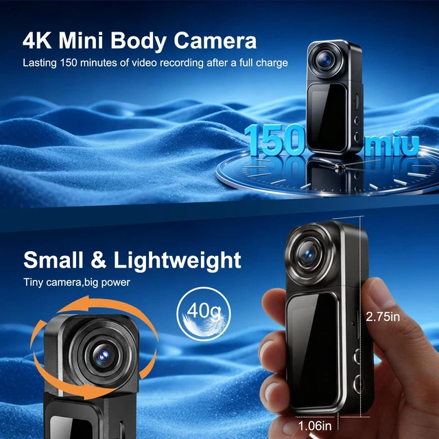 Alt view image 7 of 7 - 4K Mini Body Camera with Audio and Video Recording, 64GB Wearable POV Action Cam with 1.47" Screen, 180° Rotating Lens, Magnetic & Clip Mount, Thumb-Size Sports Camera for Outdoor, Travel, Pets