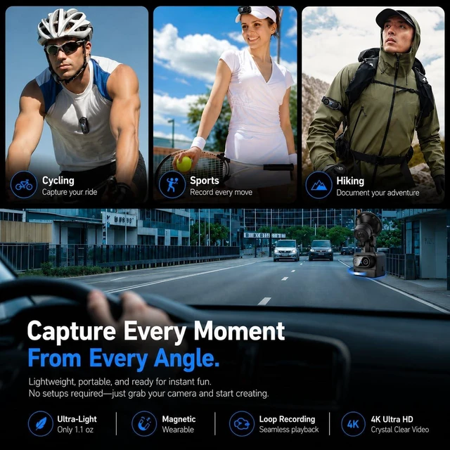 Alt view image 3 of 6 - Catchallway 4K Mini Body Camera, Thumb-Sized Wearable Action Cam with Audio & Video, 64GB Storage, Hands-Free Portable Camera for Work, Travel, Pet Walks & Vlogging