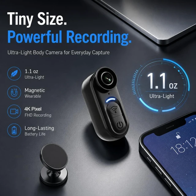 Alt view image 2 of 6 - Catchallway 4K Mini Body Camera, Thumb-Sized Wearable Action Cam with Audio & Video, 64GB Storage, Hands-Free Portable Camera for Work, Travel, Pet Walks & Vlogging
