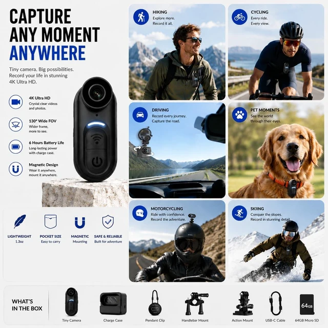 Alt view image 6 of 6 - Catchallway 4K Mini Body Camera, Thumb-Sized Wearable Action Cam with Audio & Video, 64GB Storage, Hands-Free Portable Camera for Work, Travel, Pet Walks & Vlogging