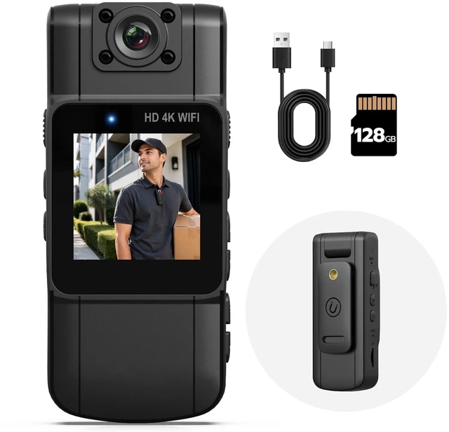 Main image of eLinkSmart 4K Body Camera with Audio and Video Recording, 128GB Mini Wearable Body Cam 180° Rotating Lens & Night Vision, 15Hrs Standby Battery for Delivery Driver, Rideshare, Cycling, Outdoor Work