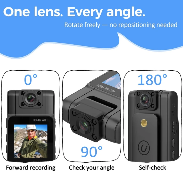 Alt view image 3 of 7 - eLinkSmart 4K Body Camera with Audio and Video Recording, 128GB Mini Wearable Body Cam 180° Rotating Lens & Night Vision, 15Hrs Standby Battery for Delivery Driver, Rideshare, Cycling, Outdoor Work