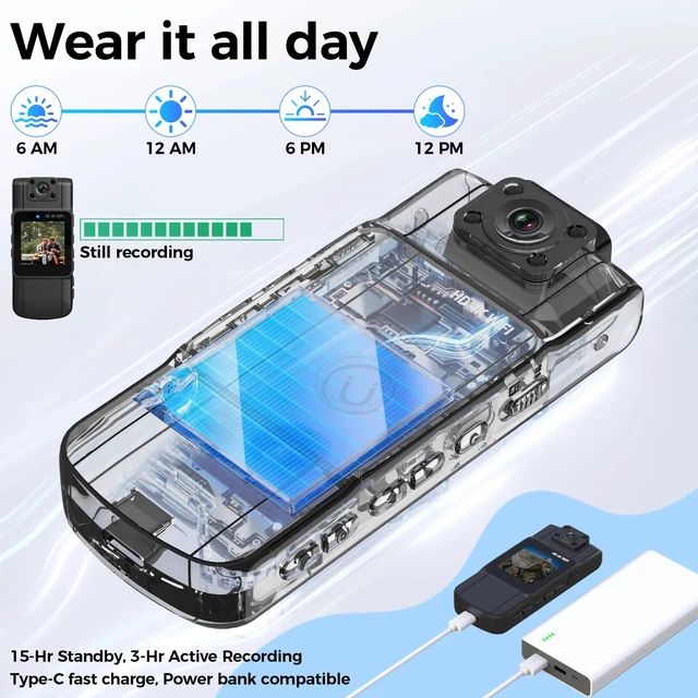 Alt view image 4 of 7 - eLinkSmart 4K Body Camera with Audio and Video Recording, 128GB Mini Wearable Body Cam 180° Rotating Lens & Night Vision, 15Hrs Standby Battery for Delivery Driver, Rideshare, Cycling, Outdoor Work