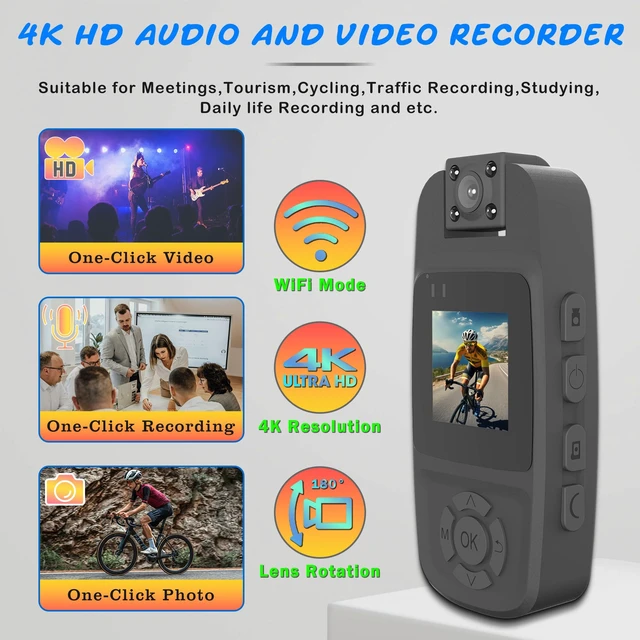 Alt view image 2 of 7 - RERBO 4K Mini Body Camera with WiFi 180° Rotating Lens Night Vision 64GB | 4K video recording, WiFi transfer, 180° rotating lens, Night vision, 64GB card included, Wearable, for work, travel, outdoor