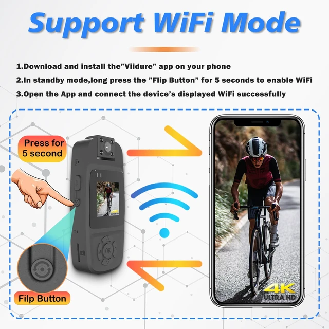Alt view image 6 of 7 - RERBO 4K Mini Body Camera with WiFi 180° Rotating Lens Night Vision 64GB | 4K video recording, WiFi transfer, 180° rotating lens, Night vision, 64GB card included, Wearable, for work, travel, outdoor
