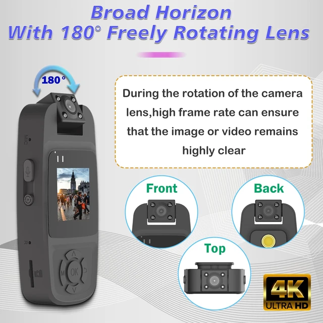 Alt view image 5 of 7 - RERBO 4K Mini Body Camera with WiFi 180° Rotating Lens Night Vision 64GB | 4K video recording, WiFi transfer, 180° rotating lens, Night vision, 64GB card included, Wearable, for work, travel, outdoor