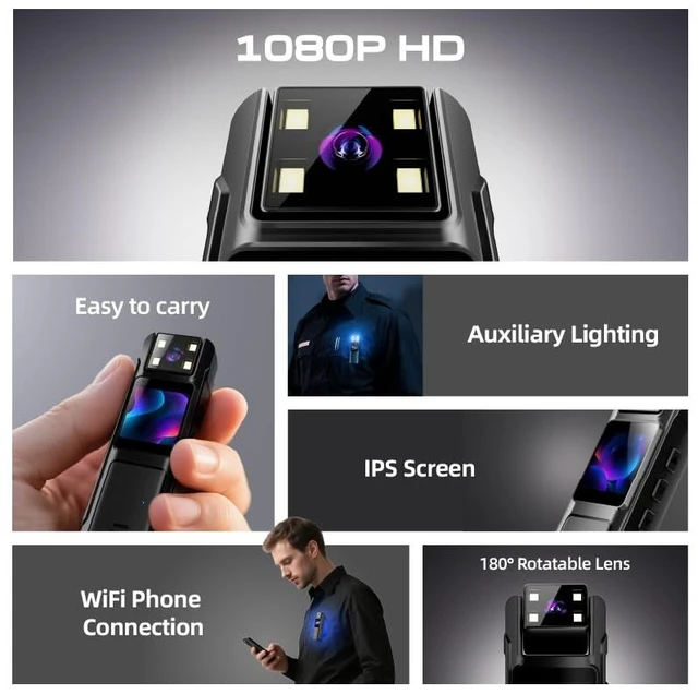 Alt view image 2 of 7 - 1080P Body Camera with Audio and Video Recording, 64GB WIFI Portable Mini Body Cam with 180° Rotating Lens,130° Wide Angle & Night Vision, Wearable Camera for Pet, Home, Office, Security Police