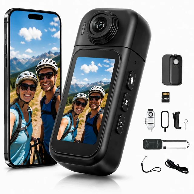 Main image of dahocamgo 128GB Body Camera Waterproof, Wearable Tiny Cam | for Cycling Motorcycle Traveling, POV Recording, Touch Screen, 180° Rotating Lens, with Charging Pod
